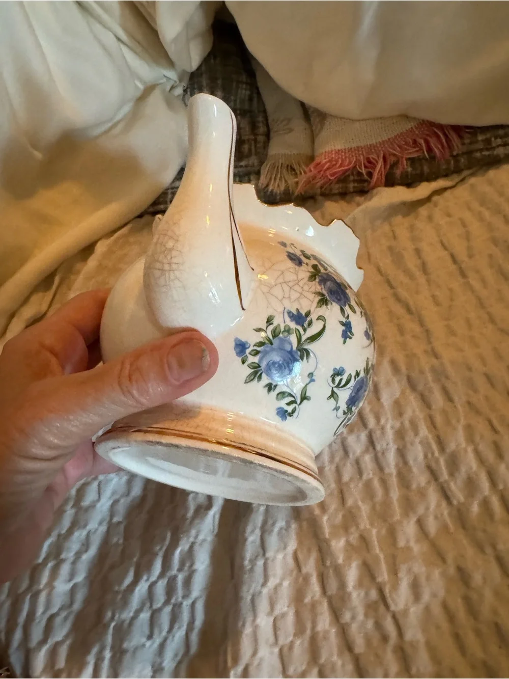 Classic Floral Ceramic Teapot in White with Blue Rose Accents